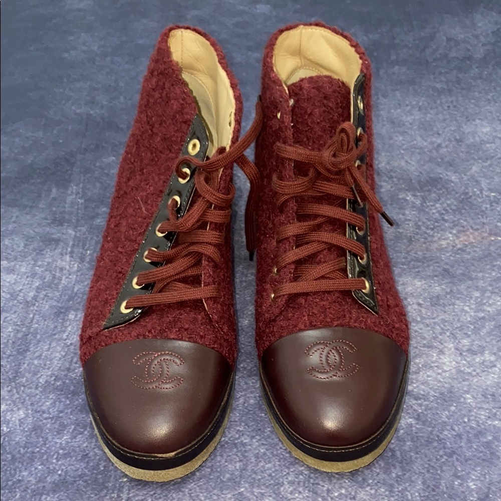 CHANEL Maroon Wool and Leather High-Tops - Picture 5 of 12